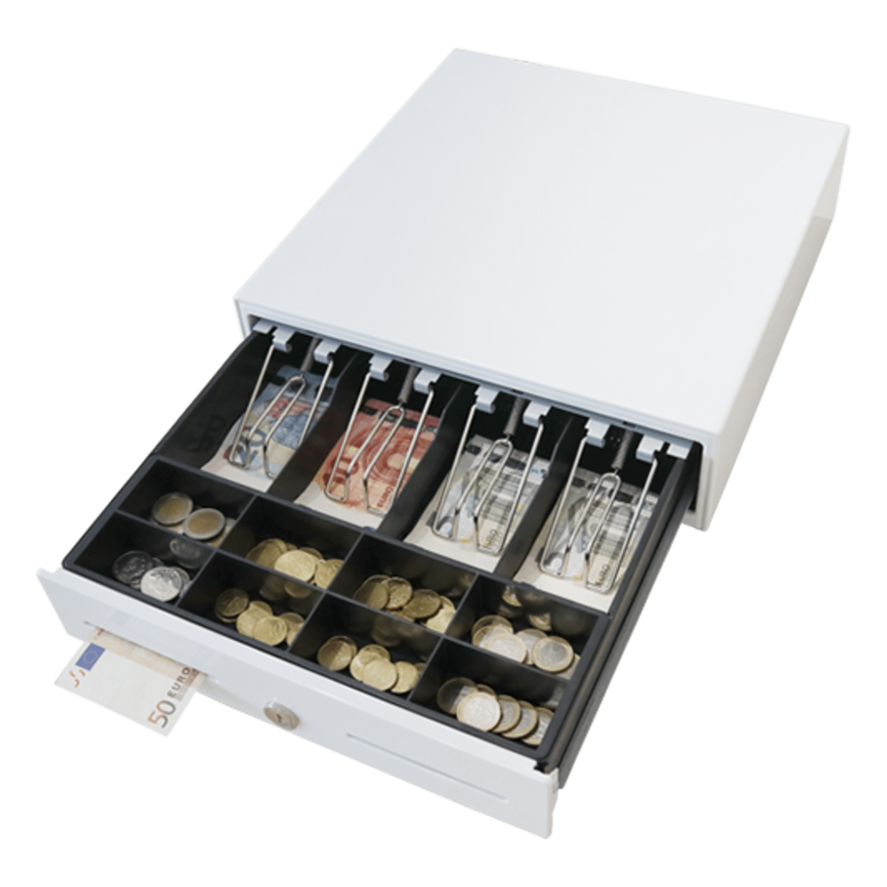 Cajón para Efectivo / Compacto 330 mm / 4 Billetes + 8 Monedas / Apertura RJ12 / Clips Metálicos / Punto de Venta
