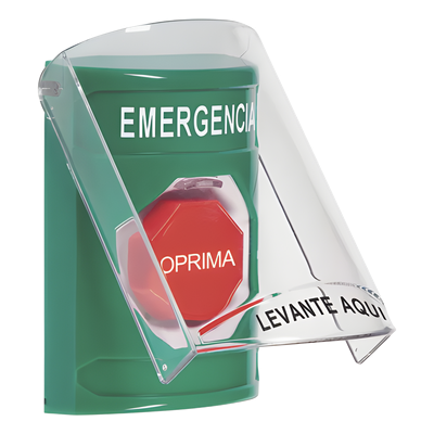 Botón de Emergencia de Superficie / Tapa de Policarbonato / Bocina Pre Alarma / 2 Relés C 10 A / Texto en Español / Solo Interior