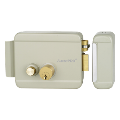 Cerradura Eléctrica con Botón de Salida / Doble Cerrojo / Exterior Derecha / 12 VCA 2.5A / Compacta 129 x 103 x 38 mm
