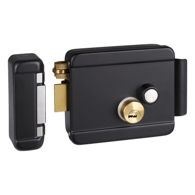 Cerradura Eléctrica con Botón de Salida / Doble Cerrojo / 12 VDC 2.5 A / Activación por Pulso 2 s / Exterior Izquierda / Cuerpo 129 x 103 x 38 mm
