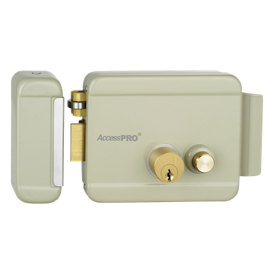 Cerradura Eléctrica con Botón de Salida / Doble Cerrojo / 12 VCA 2.5 A / Pulsos de 2 Seg / Exterior Izquierda