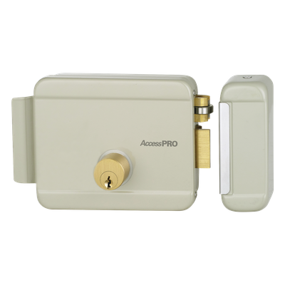 Cerradura Eléctrica / 12 VCA 2.5 A / Doble Cerrojo / Activación por Pulso 2 s / Exterior / Derecha / 129 x 103 x 38 mm
