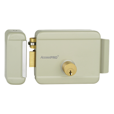 Cerradura Eléctrica / Doble Cerrojo / 12 VCA 2.5 A / Activación por Pulso 2 s / Exterior / Puerta Izquierda