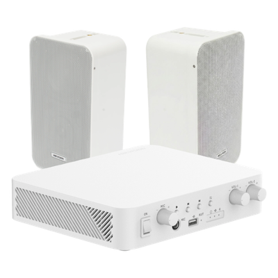 Kit Amplificador 100V / 2 Canales 30W / Bluetooth / USB / RCA / 2 Altavoces Pared 20W / IP66