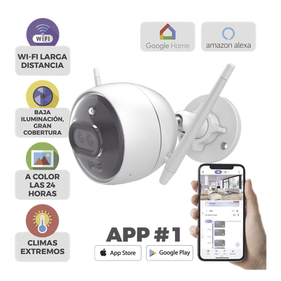 Cámara Bala IP / 2 Megapixel / Doble Lente 2.8 mm / 105° / Visión Nocturna a Color / IR 30 m (98.4 ft) / Wi-Fi 2.4 GHz / IP67 / Audio Bidireccional / Sirena y Luz Estroboscópica