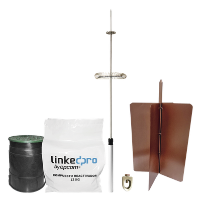 Kit Pararrayos / Electrodo de Cobre de Alta Sección / Pararrayos de Aluminio con Ionización / Radio de Cobertura 72° / Diseño para Excavaciones Poco Profundas / Cumple Estándares Internacionales de Telecomunicaciones