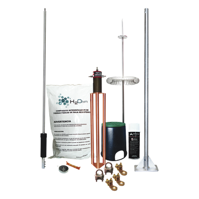 Kit de Pararrayo Dipolo Corona / Ángulo de Protección 72° / Mástil 1.2 m (3.9 ft) / Electrodo 45A / Mejorador de Suelo 11 kg / Base Plana Integrada