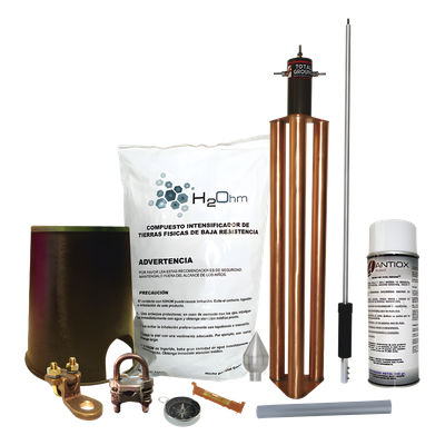 Kit de Protección Contra Tormentas Eléctricas / 80 m (262.5 ft) de Diámetro de Protección / Mástil 1.2 m (3.9 ft) / Electrodo 100 A / Mejorador de Suelo 11 kg / Sistema Externo e Interno