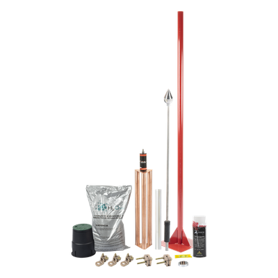 Kit Pararrayos / Protección 80 m (262.5 ft) de Diámetro / Punta con Mástil 1.2 m (3.9 ft) / Electrodo 100A / Mejorador de Suelo H2OHM / Conectores de Bronce / Aluminio Magnetoactivo