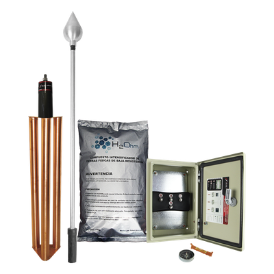 Kit de Protección Contra Rayos / 160 m (524.9 ft) de Diámetro de Protección / Punta de Acero Inoxidable / Mástil 1.2 m (3.9 ft) / Electrodo 100 kA / Mejorador de Suelo 11 kg