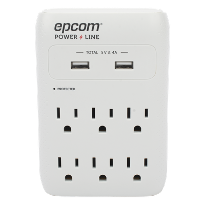 Multicontacto de Pared / 6 Salidas NEMA 5-15R / Supresor de Picos 1080 J / 2 x USB-A 5V/3.4A / 1800W / Filtro EMI/RFI 40 dB