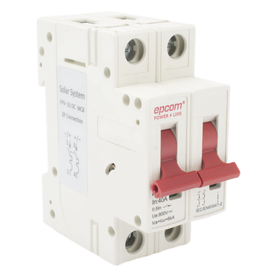Interruptor Termomagnético 2P / 40 A / 800 V CC / Curva C / 6 kA / Riel DIN