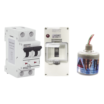 Kit de Protección DC Fotovoltaico / Breaker 800 VCC 40 A / Supresor de Descargas / Varistor Óxido de Silicio / Tiempo de Respuesta 5 ns / 2 Polos