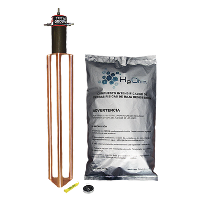 Electrodo de Puesta a Tierra / 45 Amp / Filtro LCR / Resistencia < 2 Ohm / Cobre Electrolítico / Compuesto H2Ohm / 20 Años Sin Mantenimiento