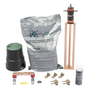 Kit de Puesta a Tierra / 45 A / Resistencia < 2 Ω / Electrodo Magnetoactivo / Compuesto Higroscópico / Brújula y Nivel Integrados Kit de Puesta a Tierra / 45 A / Resistencia < 2 Ω / Electrodo Magnetoactivo / Compuesto Higroscópico / Brújula y Nivel Integrados