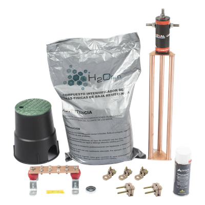 Kit de Puesta a Tierra / 45 A / Resistencia < 2 Ω / Electrodo Magnetoactivo / Compuesto Higroscópico / Brújula y Nivel Integrados Kit de Puesta a Tierra / 45 A / Resistencia < 2 Ω / Electrodo Magnetoactivo / Compuesto Higroscópico / Brújula y Nivel Integrados