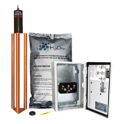Kit de puesta a tierra / 45 A / Resistencia <2 ohm / Electrodo cobre electrolítico / Filtro LCR / Compuesto H2Ohm / Gabinete NEMA 4 Kit de puesta a tierra / 45 A / Resistencia <2 ohm / Electrodo cobre electrolítico / Filtro LCR / Compuesto H2Ohm / Gabinete NEMA 4