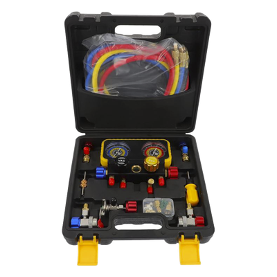 Manómetro de 4 Vías / Compatible con R410A, R32, R134A, R22 / 4 Mangueras 1.5 m / Cuerpo Cobre y ABS / Estuche Incluido