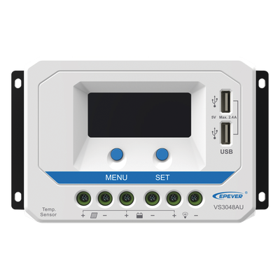 Controlador Solar PWM / 30A / 12/24/36/48V Auto / Tierra Positivo Común / Doble USB 2.4A / Pantalla LCD