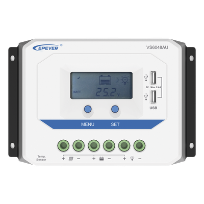 Controlador de Carga Solar PWM / 60A / Auto 12/24/36/48V / Pantalla LCD / USB Dual 5V 2.4A / Tierra Positivo Común