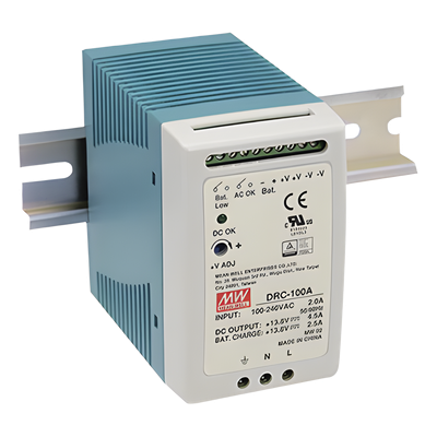 Fuente de Poder Riel DIN / 100W / Salida Dual 13.8V CC / Cargador de Batería Integrado / 87% Eficiencia / Convección Natural